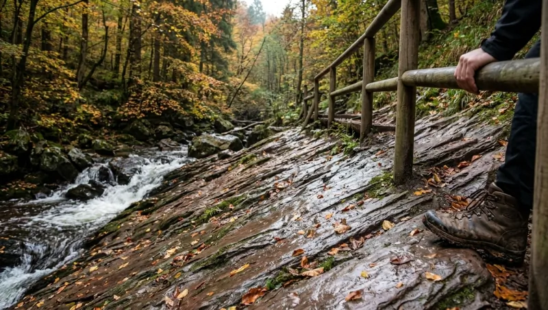 Hand aan de houten leuning en een wandelschoen op de natte leisteenplaten langs de Ninglinspo