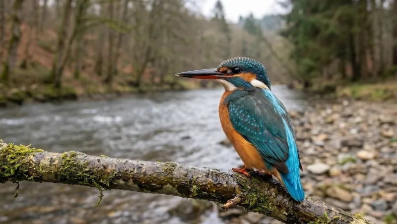 IJsvogel vrouwtje met oranjerode ondersnavel op een bemoste tak aan een rivier