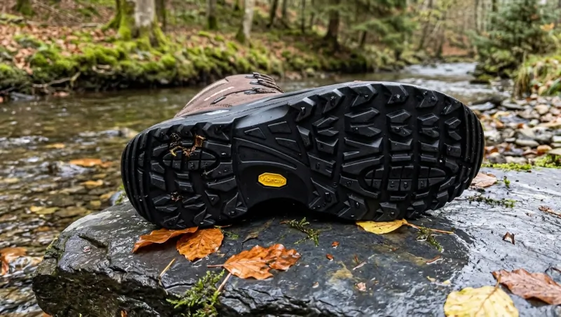 Zool van de Lowa Renegade GTX Mid met Vibram-profiel op een natte rots naast een beek